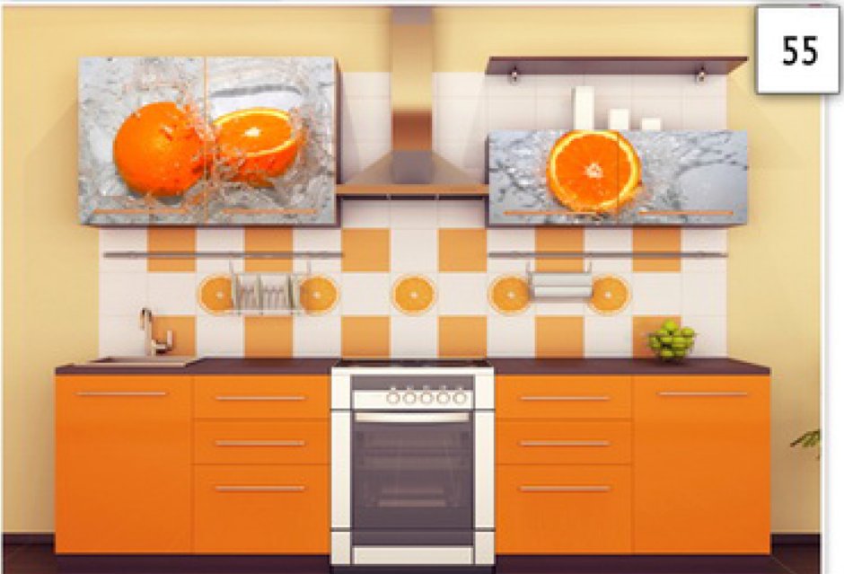 Зелёные обои с оранжевой кухней на кухне