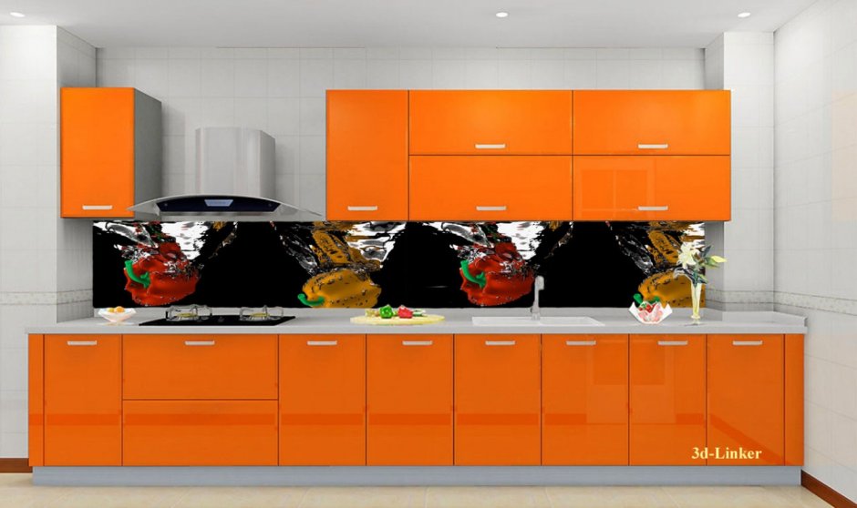 Оранжевая кухня с черной столешницей