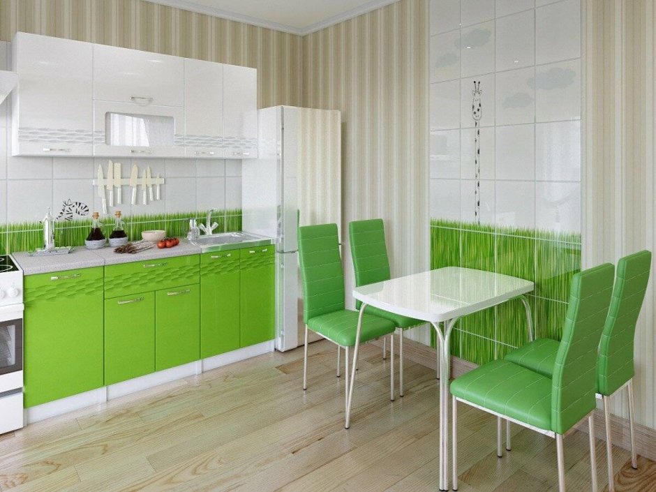 Кухня белая со светло-зелеными шторами