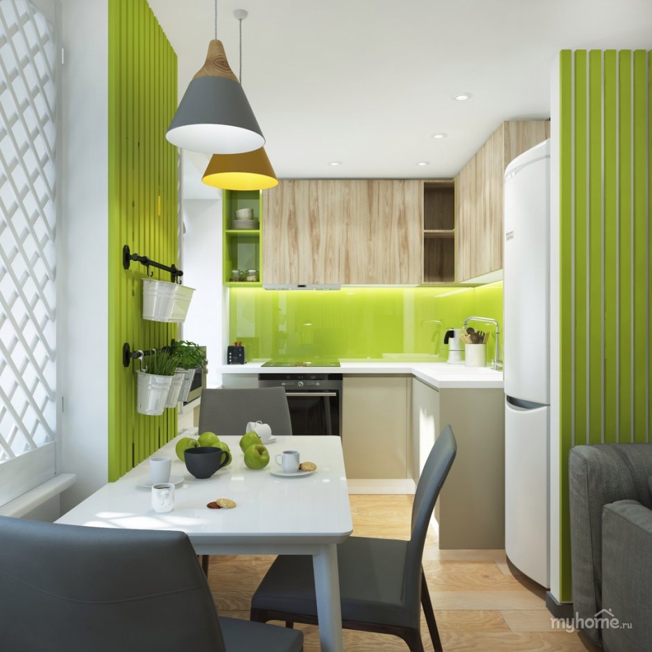 Кухня гостиная в бело зеленых тонах