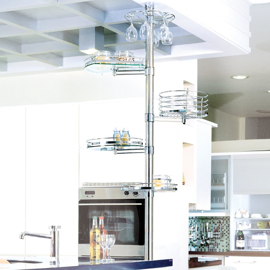 Барная стойка для кухни с двумя хромированными трубками в потолок