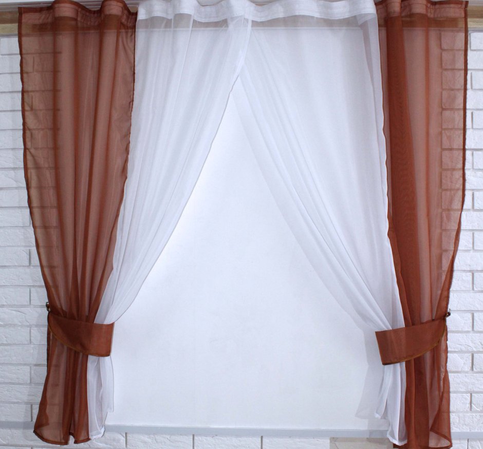 Зановесь и штора белая с коричневым шифон