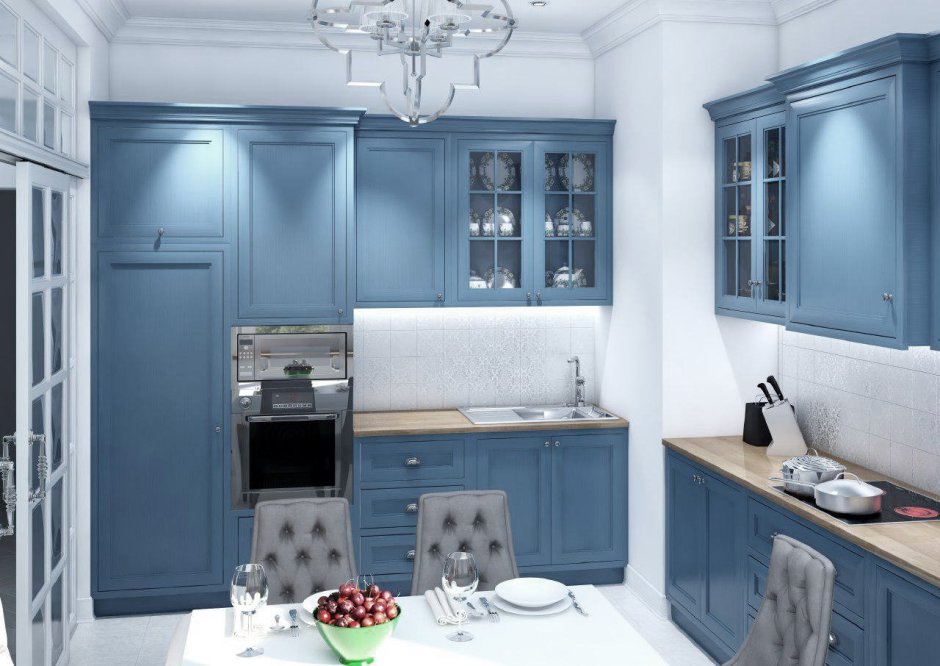 Кухни синий фасад с цементными полками