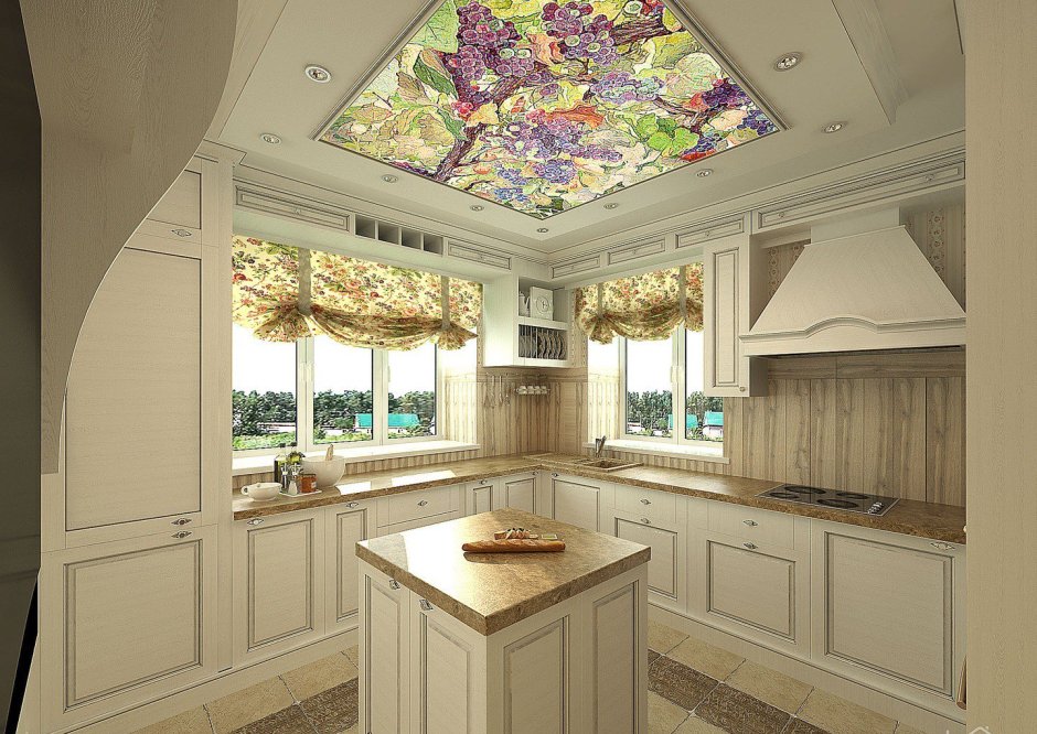 Красивый потолок на кухне