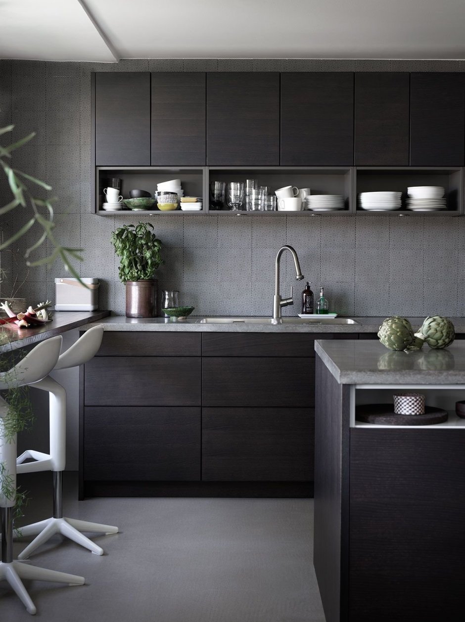 Дизайн кухни серо черный цвет (64 фото)
