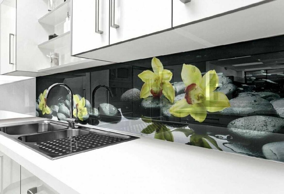 Фартук для кухни стеклянный орхидеями (61 фото)