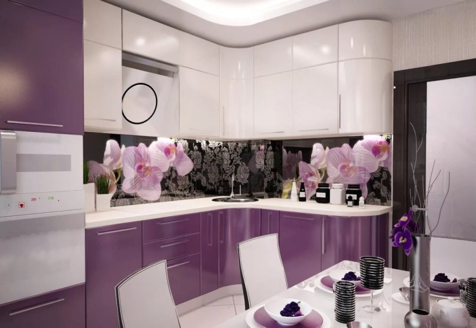 Фиолетовый и бежевый в интерьере кухни