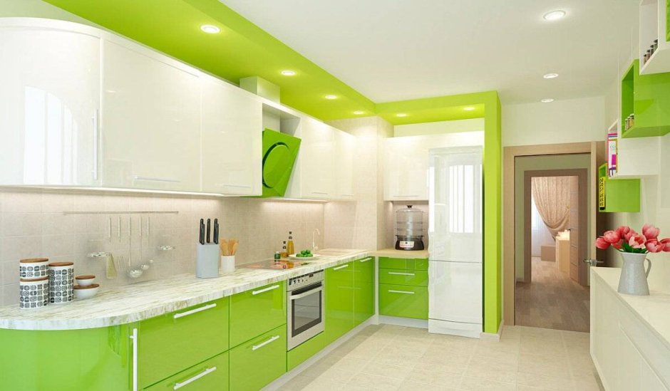 Кухня белый верх зеленый низ