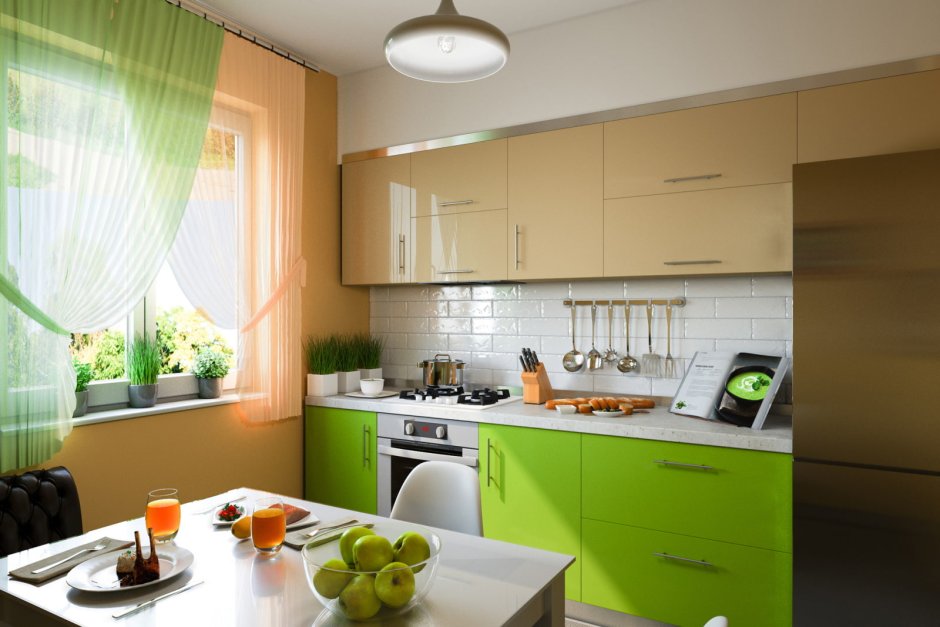 На зеленом фоне оранжевая кухня