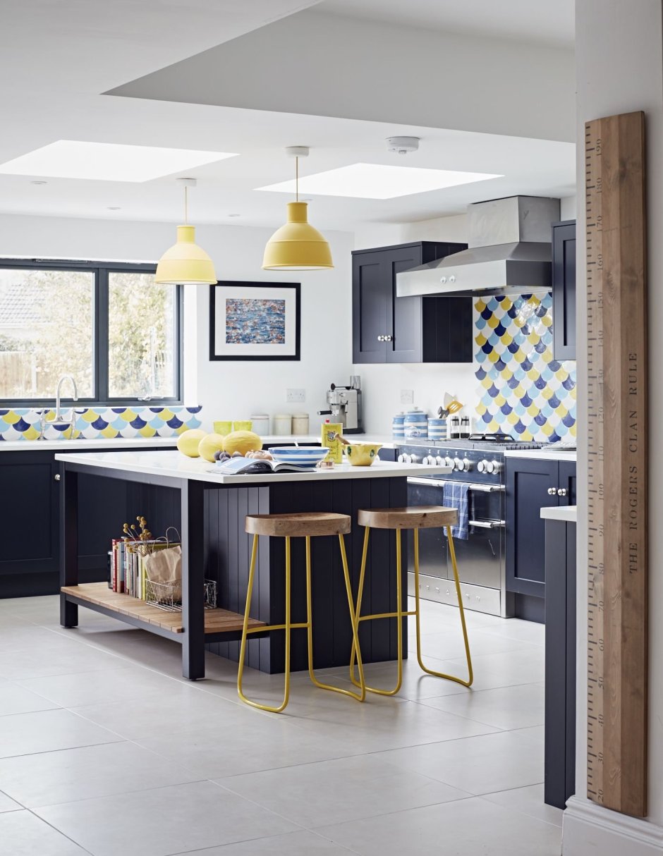 Интерьер кухни в желто синем цвете