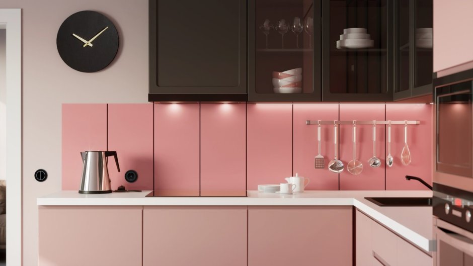 Розовая матовая кухня