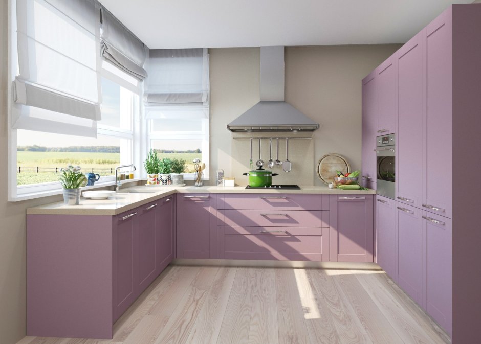 Кухня в бежево-фиолетовых тонах