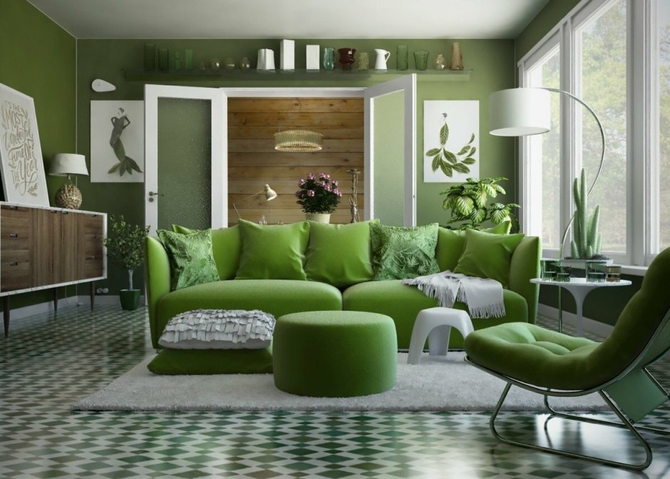 Оливковый диван в интерьере