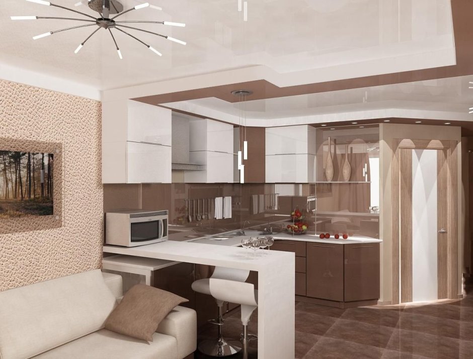 Интерьер гостиной совмещенной с кухней 2021