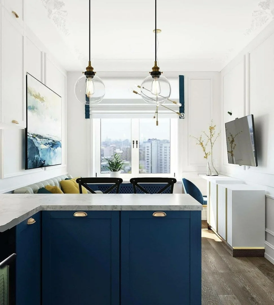 Синяя кухня под потолок