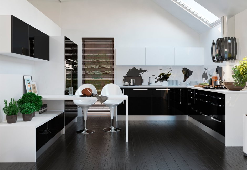 Полы на кухне белые с черным цветом