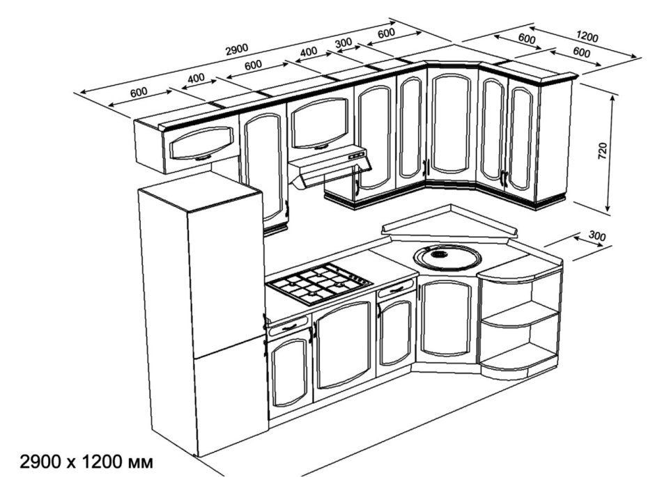 Кухня 3300 мм и холодильник сбоку чертеж