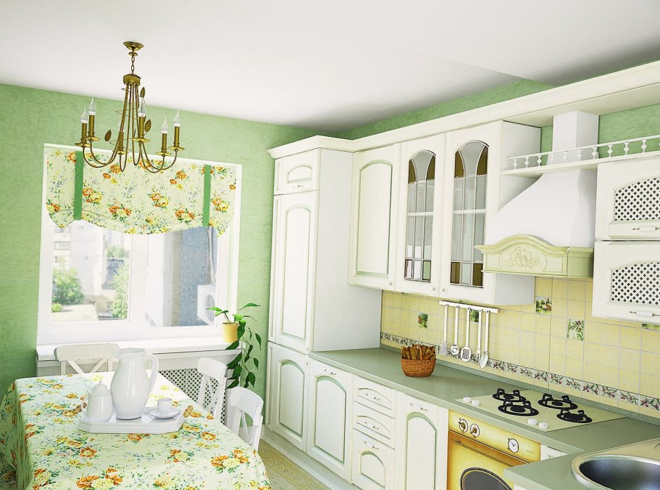 Обои на кухню с белым кухонным гарнитуром