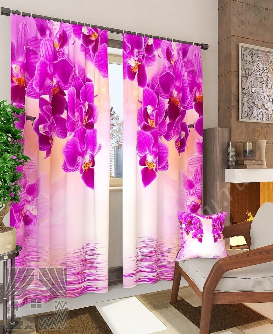 Лиловые шторы на кухню с орхидеями (59 фото)