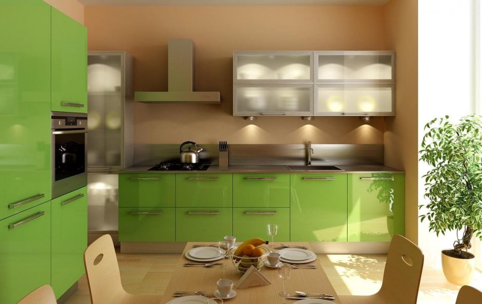 Бежевая кухня с зелеными обоями (68 фото)