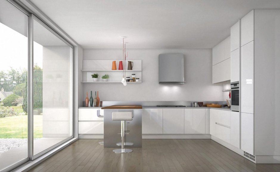 Белая кухня без верхних шкафов (88 фото)