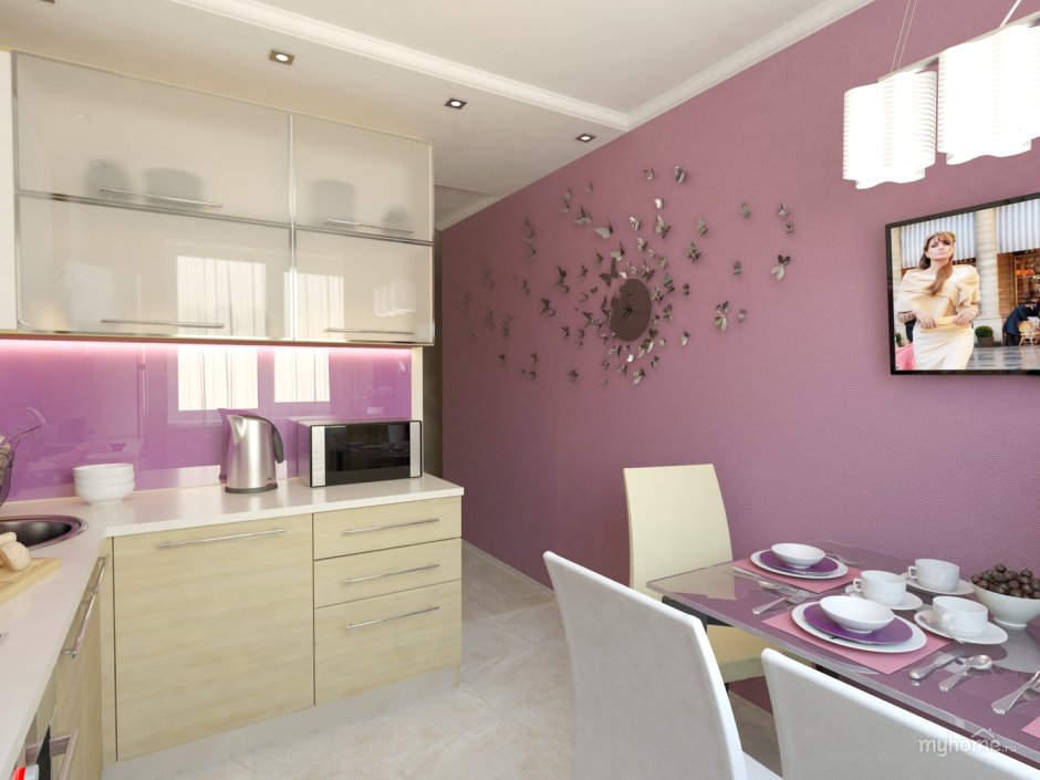 Кухня в фиолетово пудровом цвете