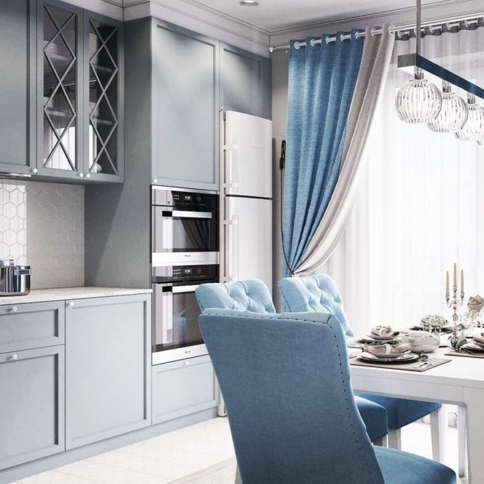 Интерьер кухни в серо голубых тонах