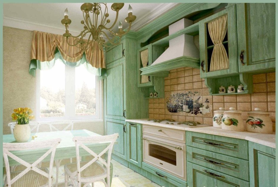 Кухня в стиле Прованс в малогабаритной кухне мятного цвета
