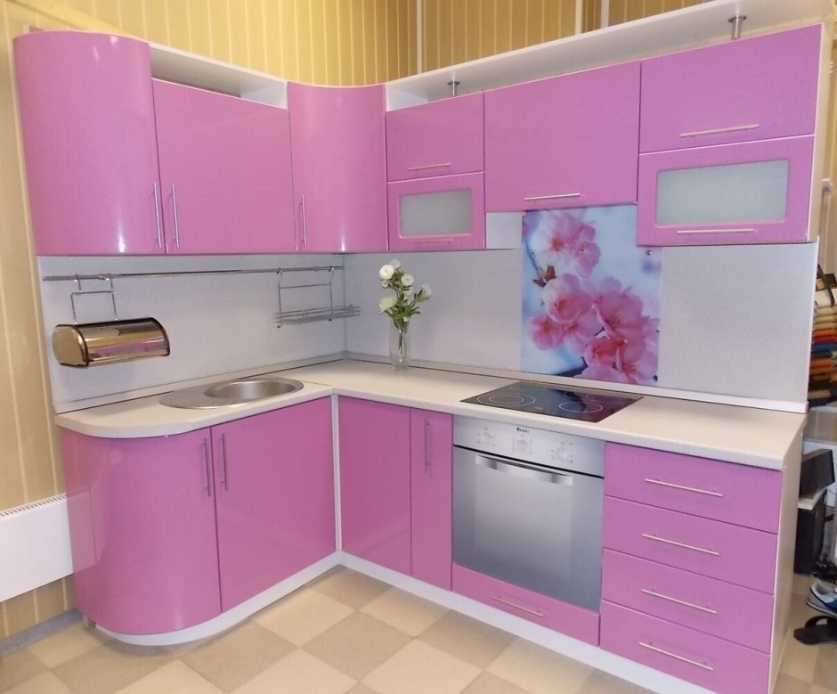 Кухонный гарнитур угловой розовый