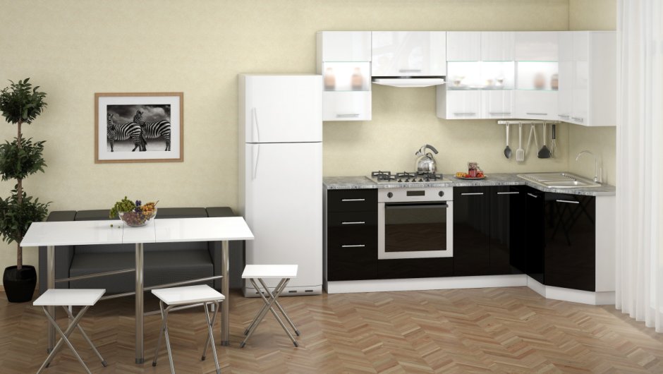 Кухонный гарнитур угловой черный с белым
