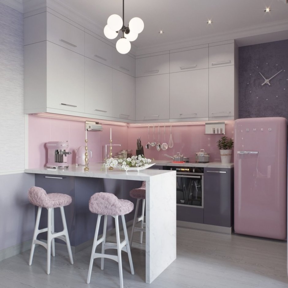 Розовая матовая кухня