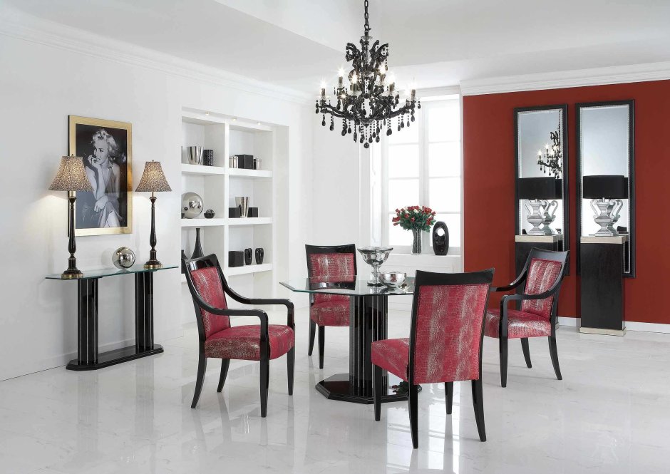 Кухня черно-белая с красными стульями