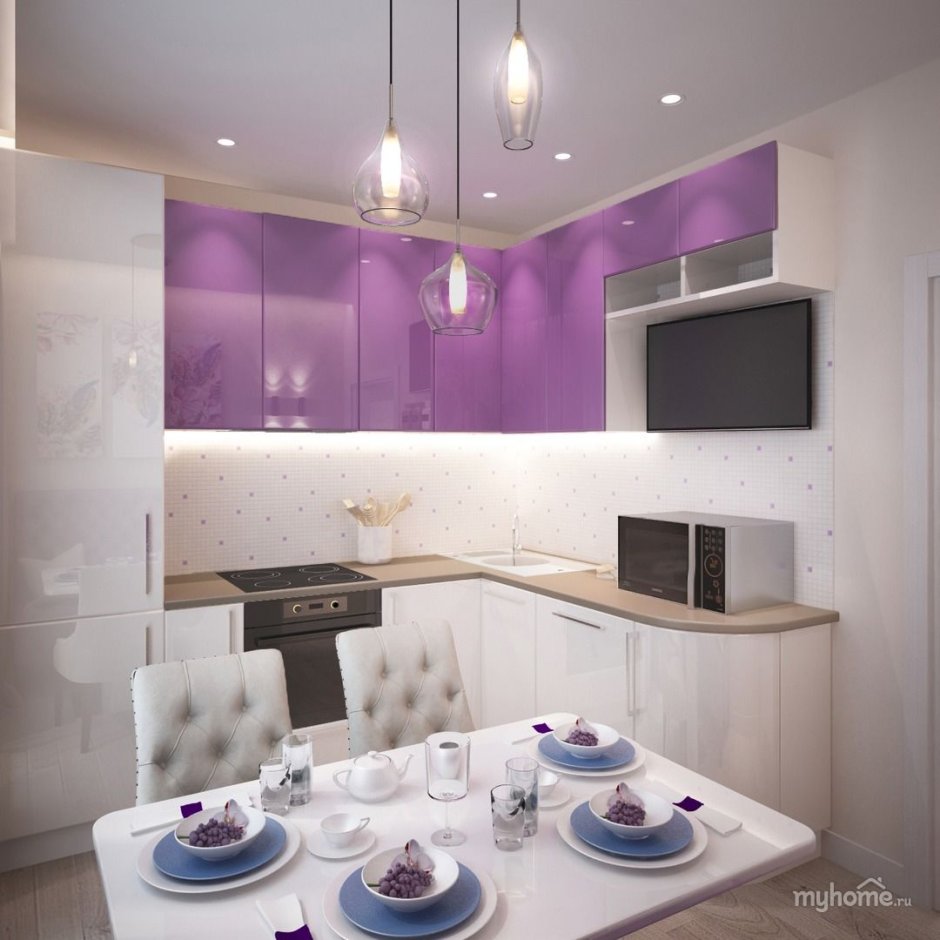 Интерьер кухни в бело фиолетовых тонах