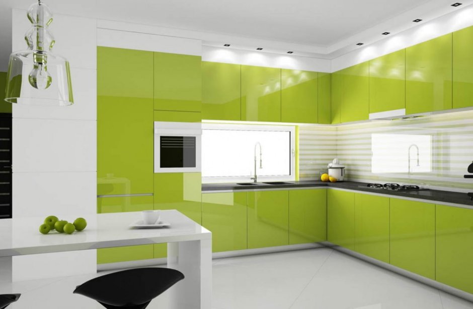 Зеленая глянцевая кухня (72 фото)