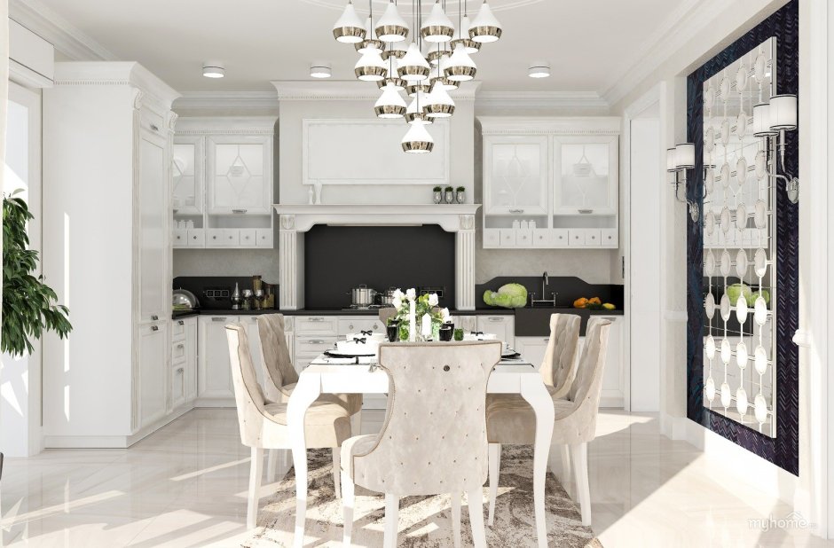Кухня гостиная в белом цвете классика