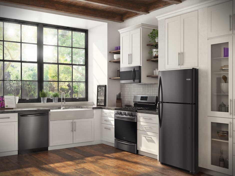 Дизайн кухни с серым холодильником (86 фото)