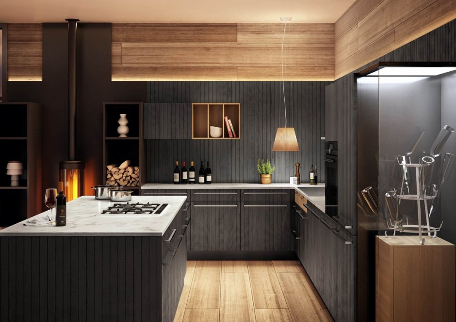 Деревянная кухня с черными дверями