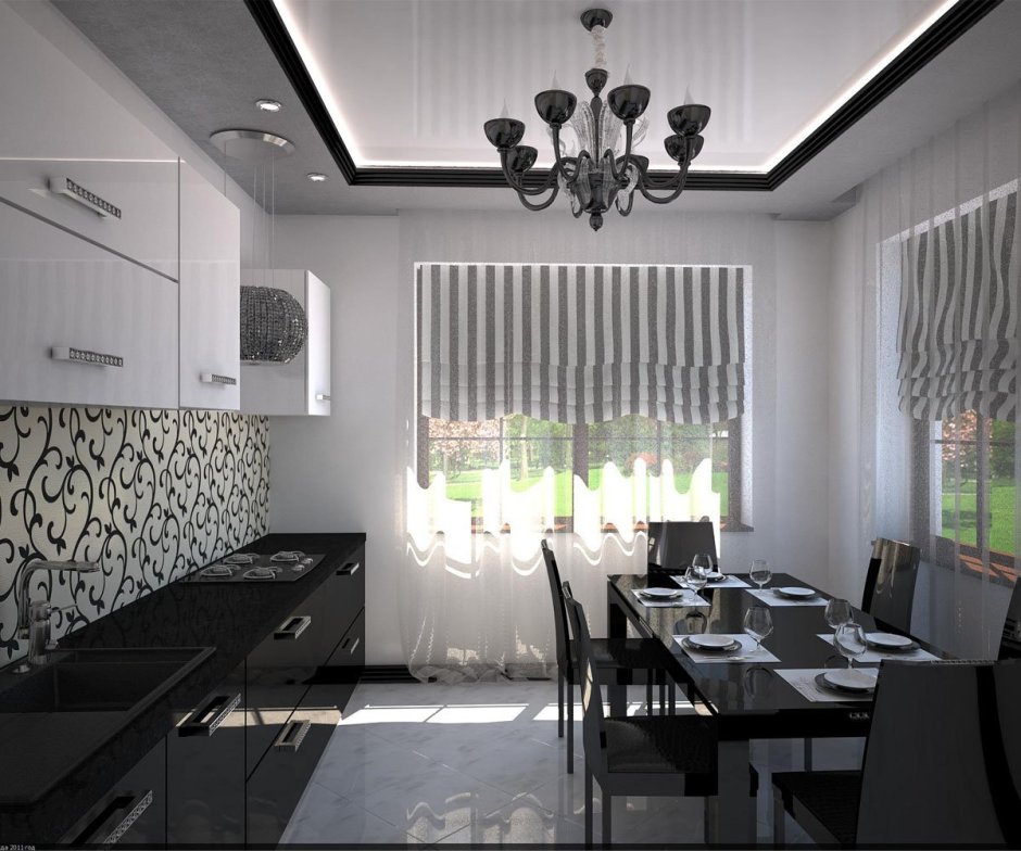 Дизайн кухни белой с черным столом