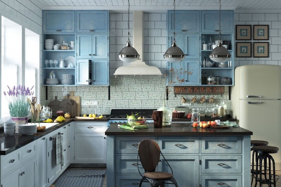 Голубая кухня в классическом стиле