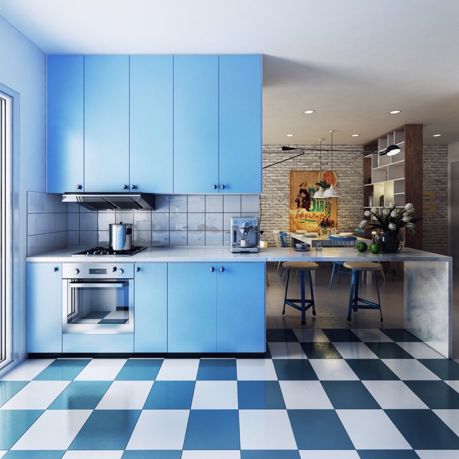 Интерьер кухни в бело голубом цвете