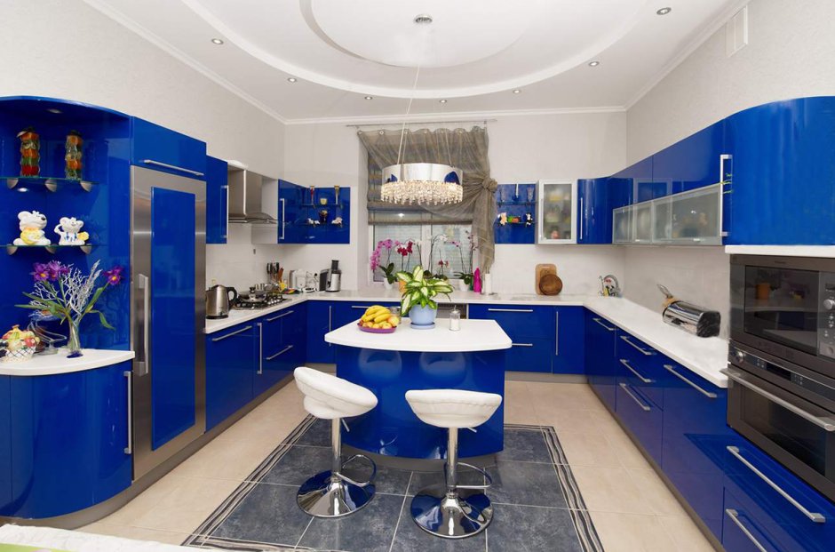 Угловые кухни синего цвета (84 фото)