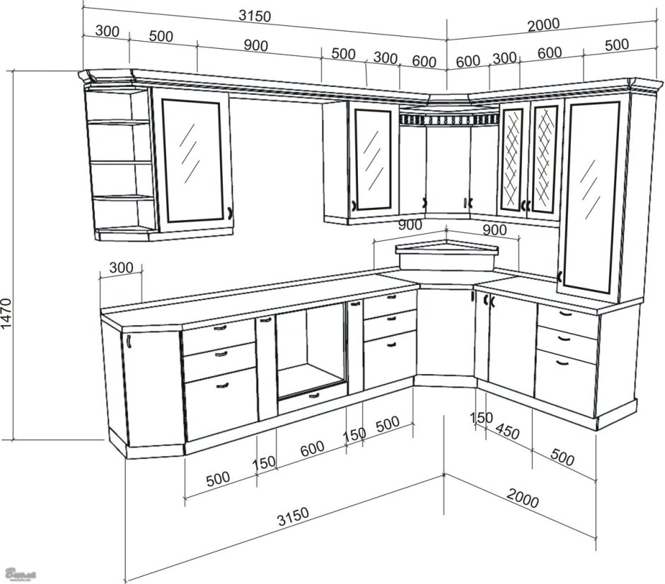 Угловой кухонный гарнитур 2000х1400 схема