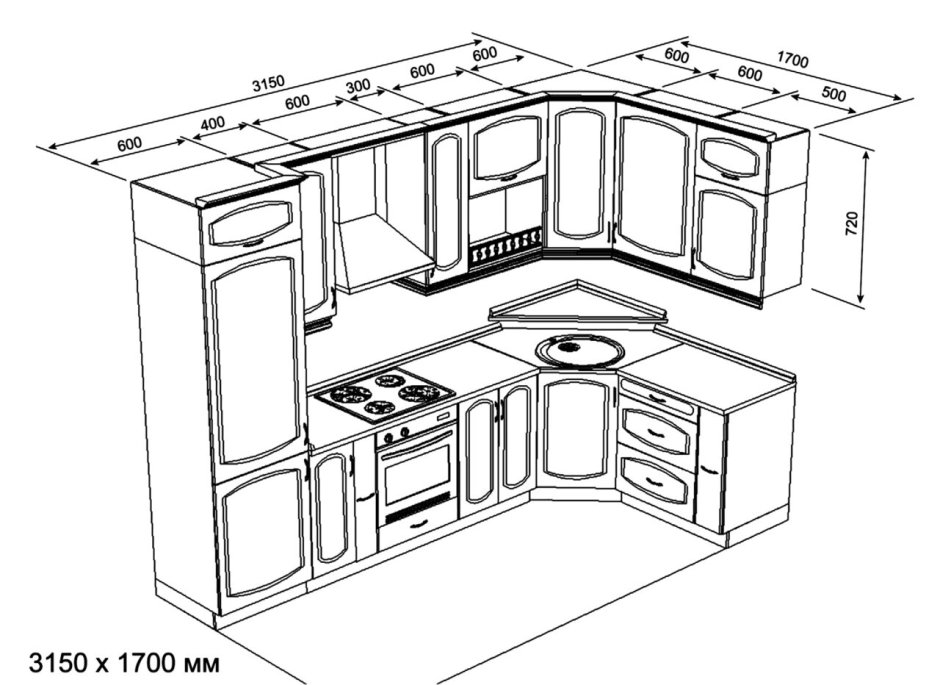 Двухуровневая кухня угловая чертеж