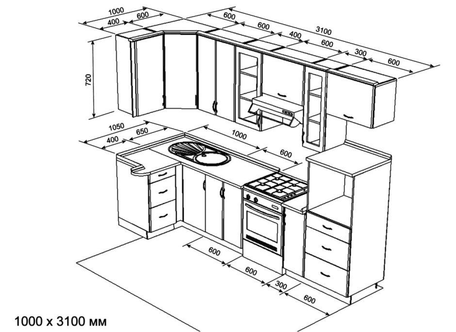 Чертеж угловой кухни с размерами для маленькой кухни