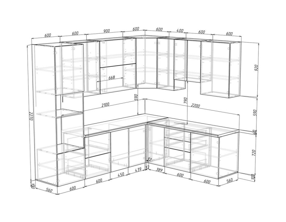 Чертеж угловой ,кухни вид сбоку