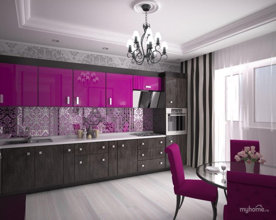 Кухня в фиолетовом цвете с балконом