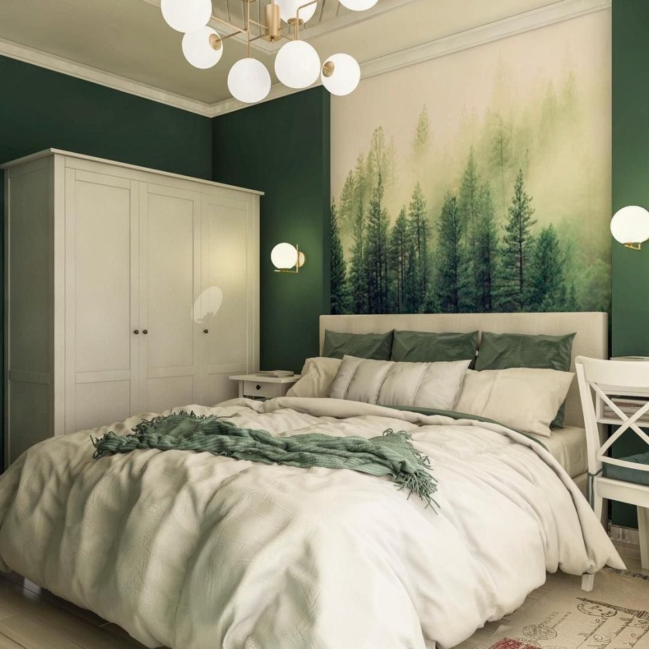 Зеленый плед в интерьере спальни