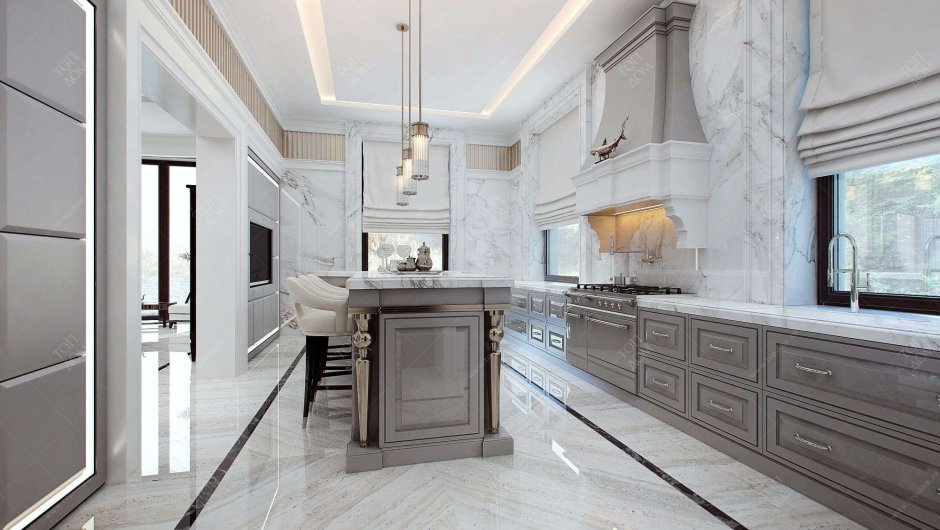 Белая кухня с мрамором в интерьере