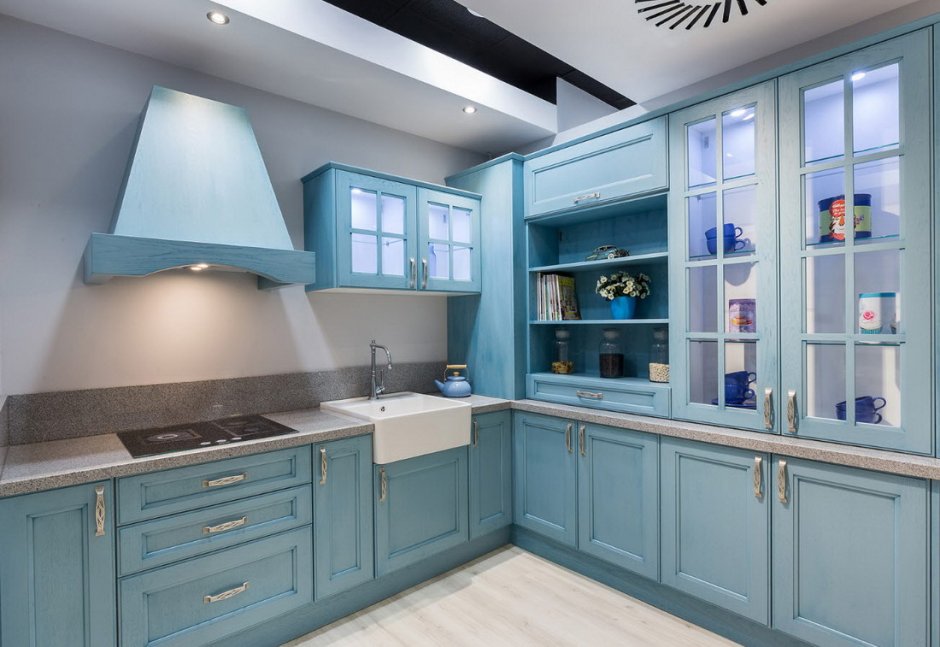 Кухня нежно голубого цвета (58 фото)