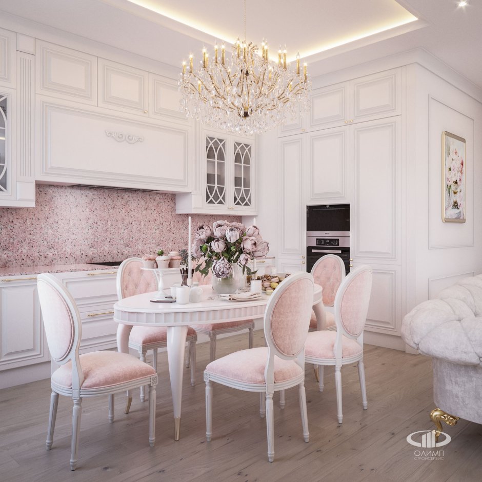 Кухня гостиная в белом цвете классика